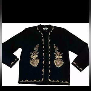 VTG Magnolia Women Cardigan Sweater Black Jewel Embroider Large